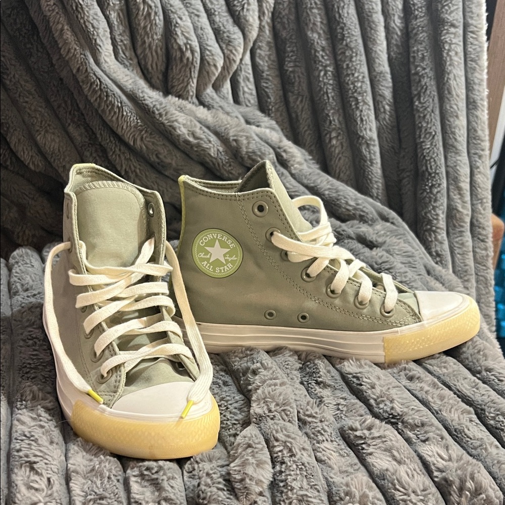 Converse High Top Sneakers in Olive and Cream with Yellow Accents